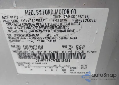 2012 Ford Flex Se z USA, uszkodzony, nr VIN 2FMGK5BC2CBD18584